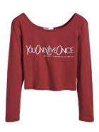 Shein Burgundy Letter Print Long Sleeve T-shirt