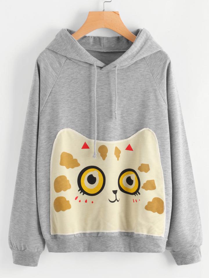 Shein Cartoon Cat Patch Marled Hoodie