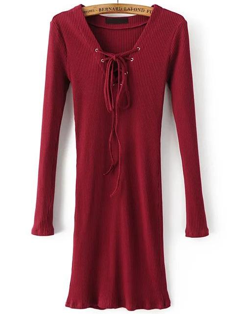 Shein Red Lace Up V Neck Ribbed Dress