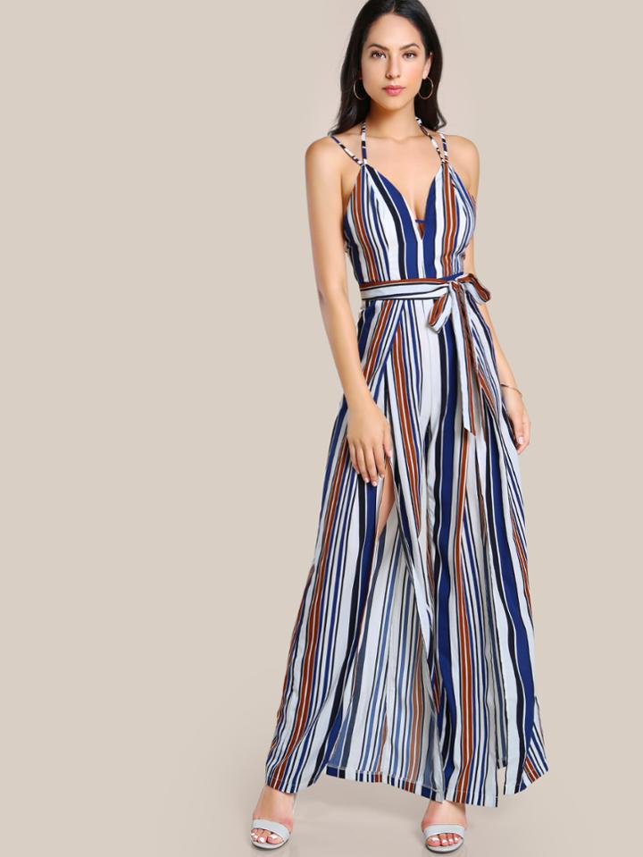 Shein Open Back Split Front Striped Jumpsuit