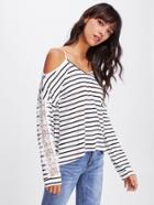 Shein Cold Shoulder Lace Panel Sleeve Striped Tee