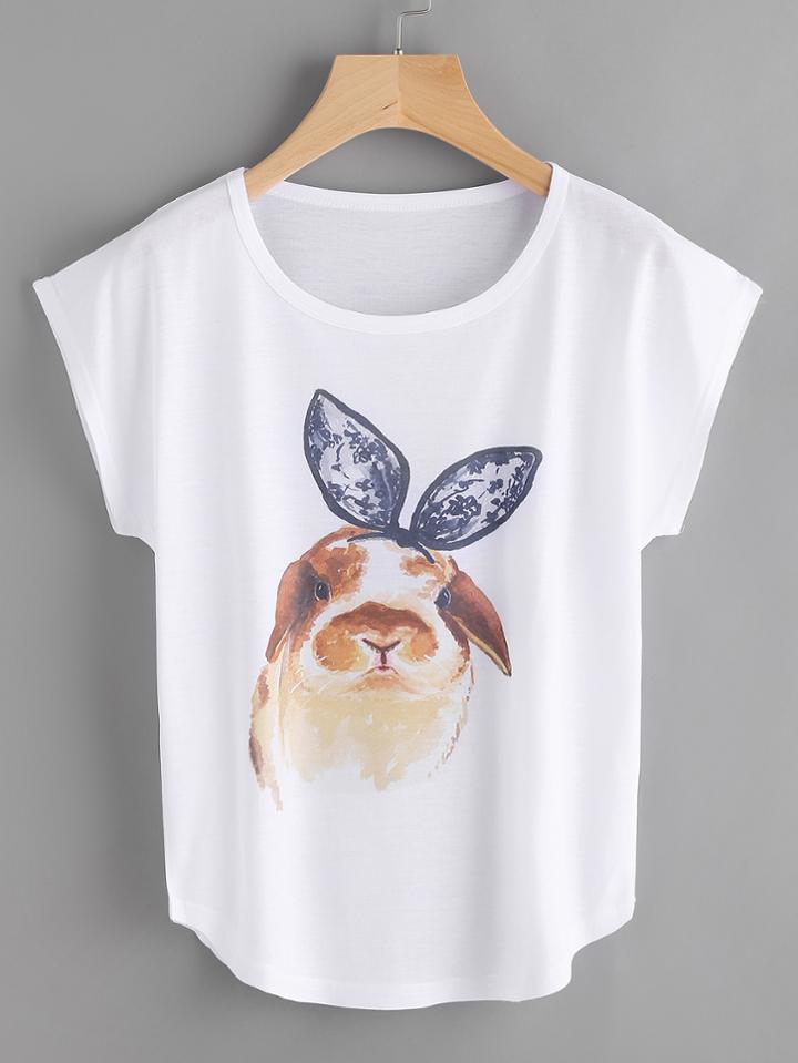 Shein Rabbit Print Cap Sleeve Tee