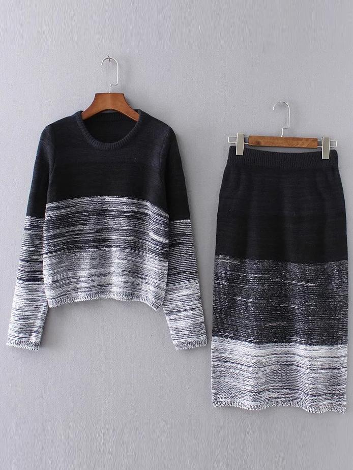 Shein Black Ombre Ribbed Trim Sweater With Skirt