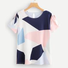 Shein Plus Patchwork Button Back Button Tee