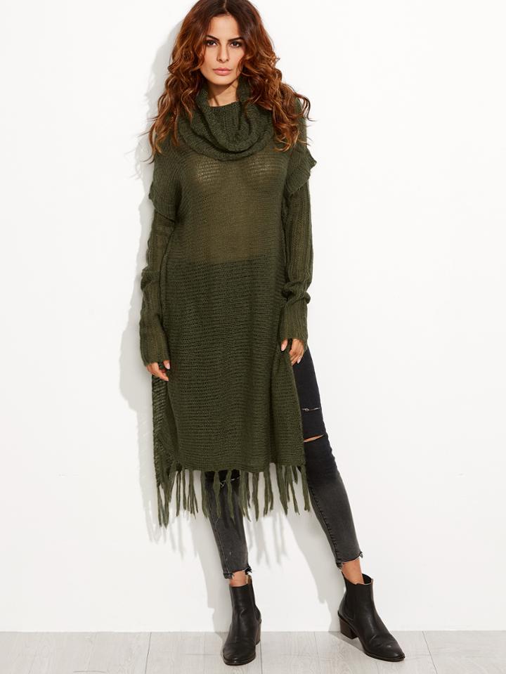 Shein Olive Green Cowl Neck Loose Knit Longline Fringe Sweater