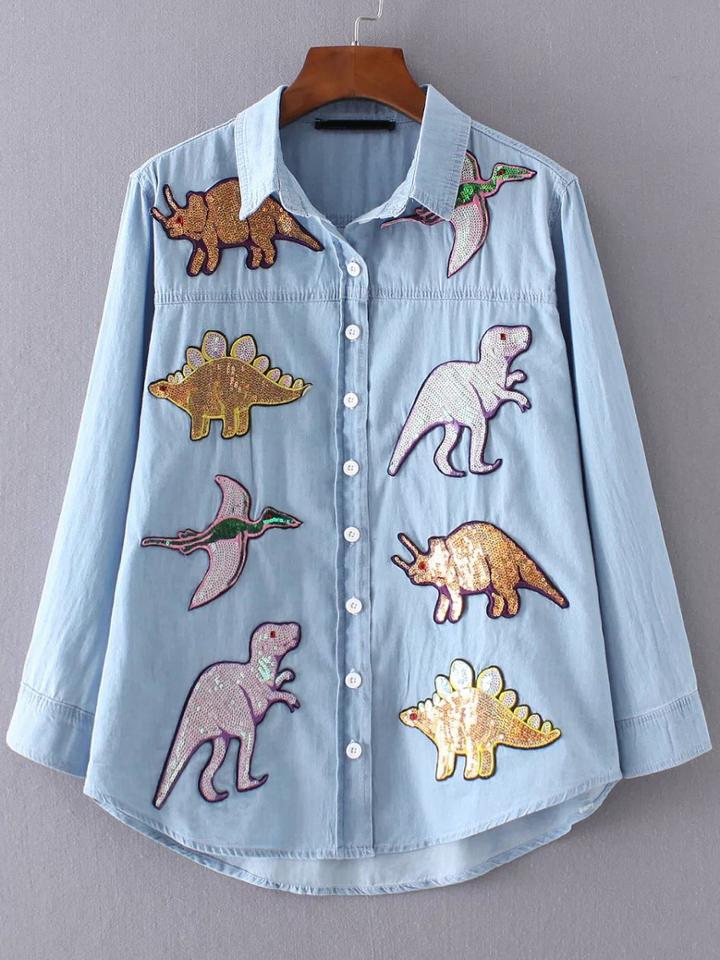 Shein Sequin Dinosaur Dip Hem Shirt