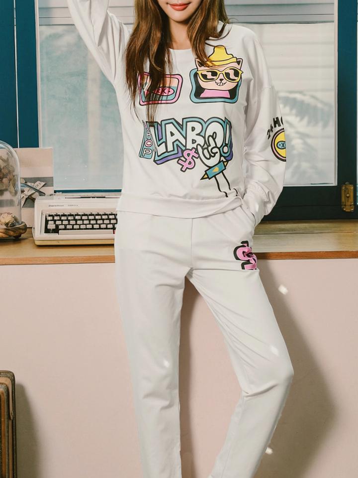 Shein Cartoon Print Pullover  & Pants Pj Set