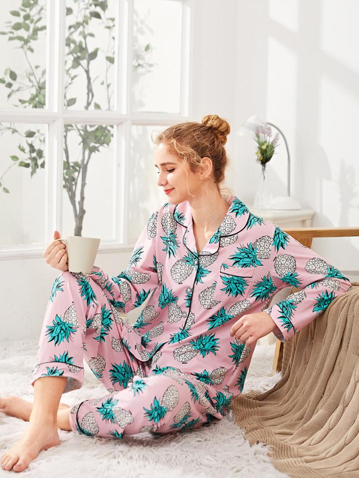 Shein Fruit Print Contrast Binding Shirt & Pants Pj Set