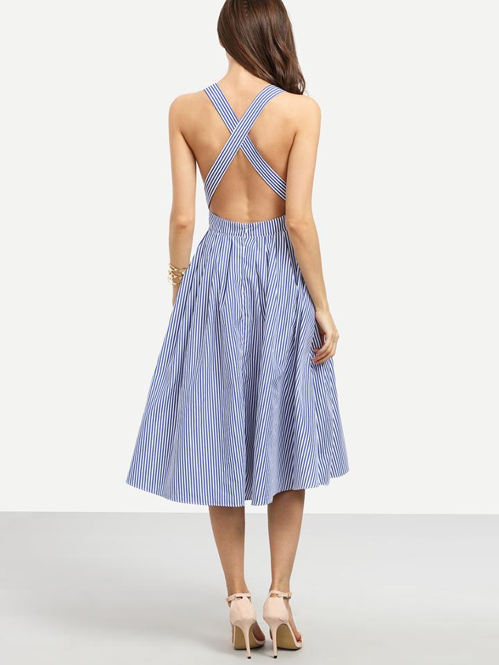 Shein Blue Striped Sleeveless Criss Cross Back Dress