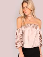 Shein Bardot Neckline Gathered Sleeve Cropped Satin Top Champagne
