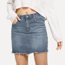 Shein Beaded Raw Hem Faded Wash Denim Skirt