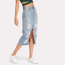Shein Split Front Ripped Denim Skirt
