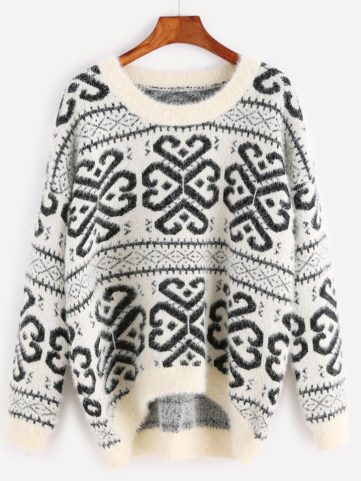 Shein White Geo Pattern High Low Fluffy Sweater