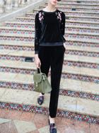 Shein Flowers Embroidered Top With Velvet Pants