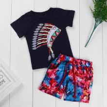 Shein Boys Feather Print Tee With Drawstring Floral Print Shorts