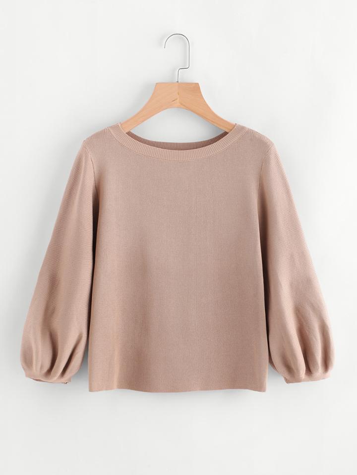 Shein Lantern Sleeve Eyelet Lace Up Back Knit Sweater