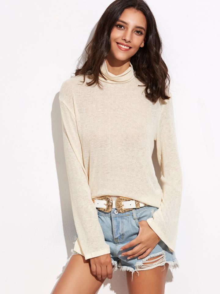 Shein Beige Cowl Neck Lace Up Back Lightweight Sweater