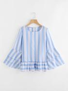 Shein Contrast Striped Tiered Flute Sleeve Frill Hem Blouse