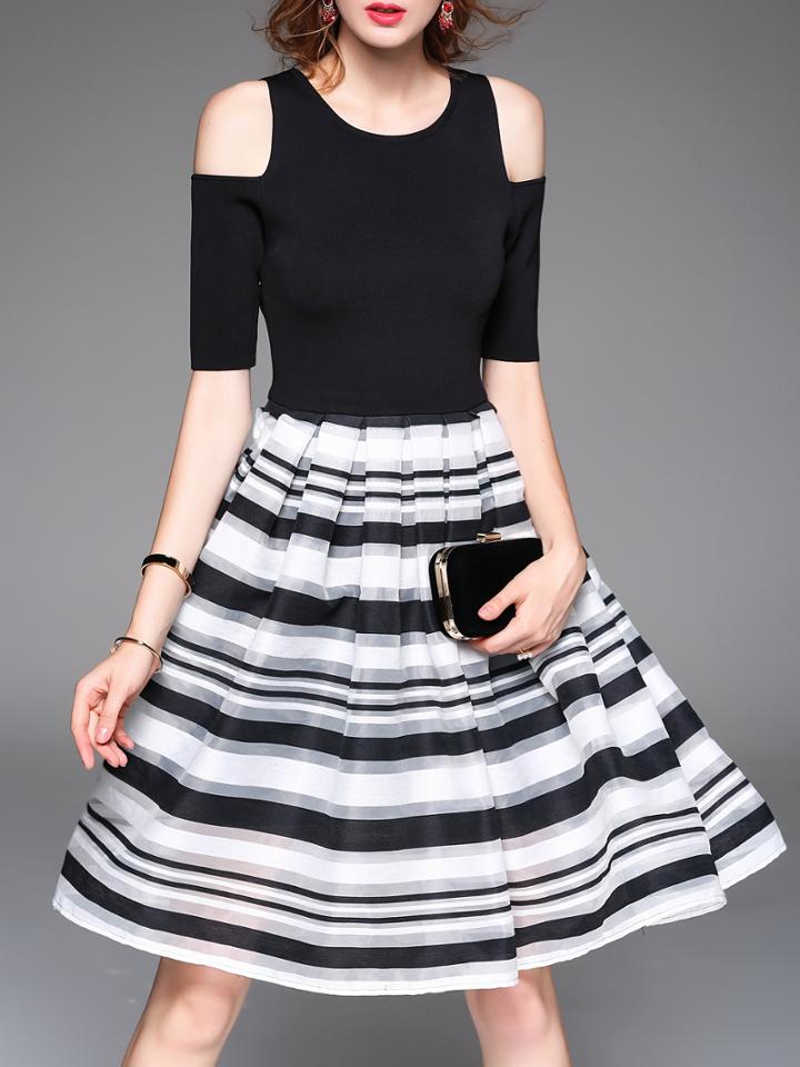 Shein Black White Open Shoulder Striped A-line Dress