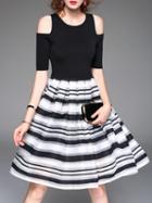 Shein Black White Open Shoulder Striped A-line Dress