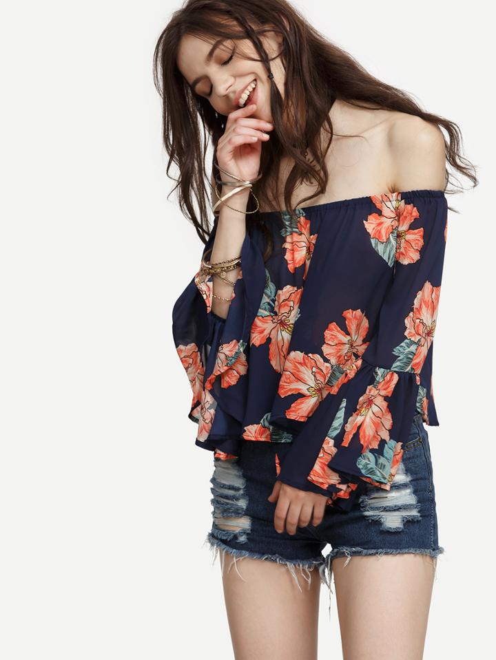 Shein Navy Flower Print Ruffled Sleeve Off The Shoulder Top