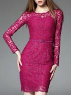 Shein Wine Red Round Neck Long Sleeve Drawstring Lace Dress