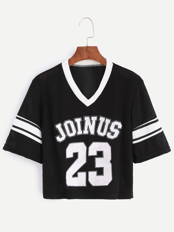Shein Black Varsity Print Crop Mesh T-shirt