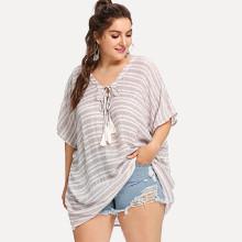 Shein Plus Tasseled Tie Striped Batwing Top