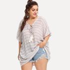 Shein Plus Tasseled Tie Striped Batwing Top