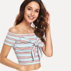 Shein Knot Front Off Shoulder Striped Crop Tee