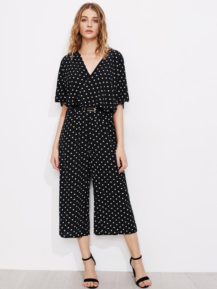 Shein Polka Dot Bow Tie Back Surplice Wide Leg Jumpsuit