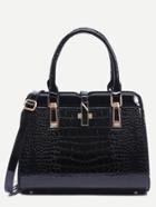 Shein Black Crocodile Embossed Faux Patent Leather Satchel Bag