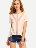 Shein Pink Crochet Panel Short Sleeve T-shirt