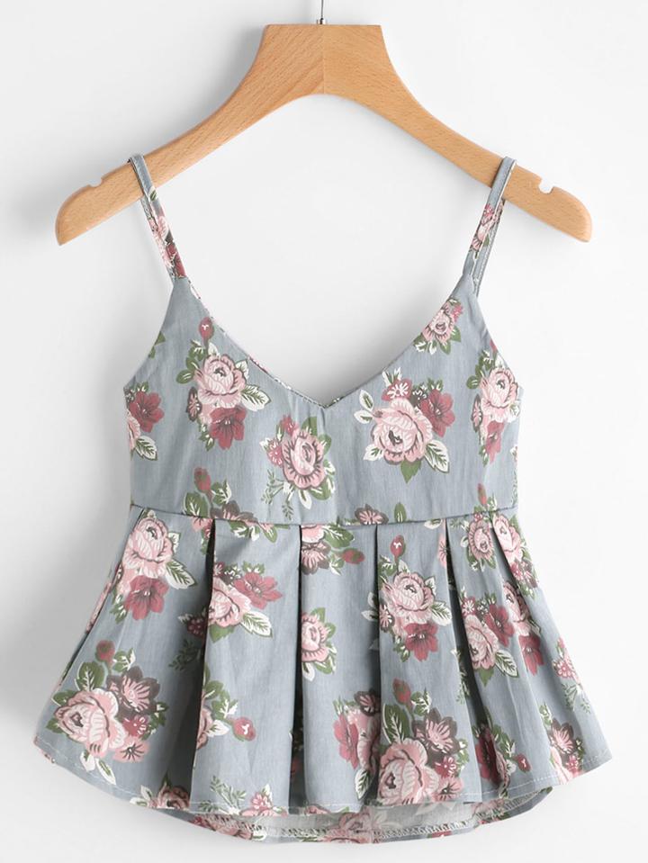 Shein V Neckline Floral Print Pleated Cami Top
