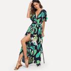 Shein Jungle Leaf Print Self Belted Wrap Maxi Dress