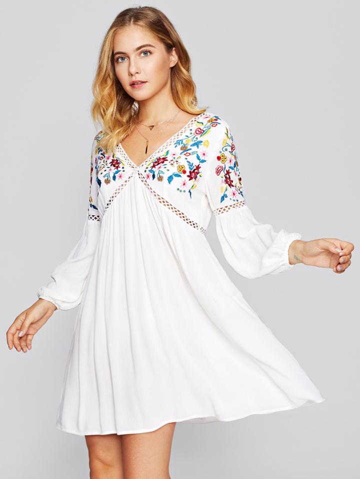 Shein Lace Insert Botanical Embroidery Lantern Sleeve Dress