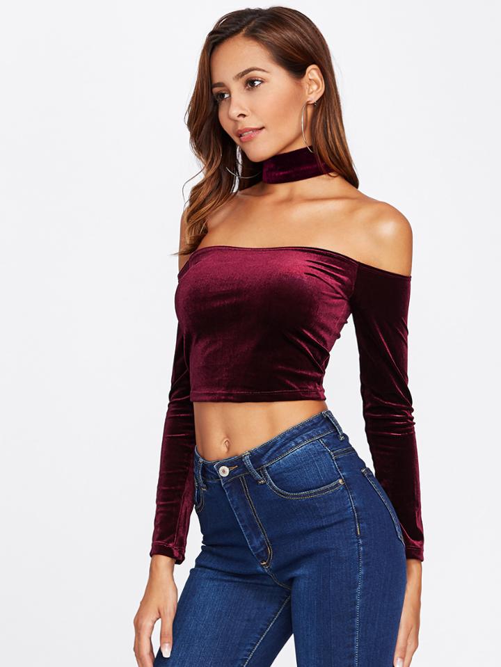 Shein Off Shoulder Choker Crop Velvet Tee