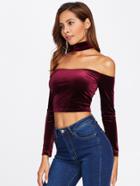 Shein Off Shoulder Choker Crop Velvet Tee