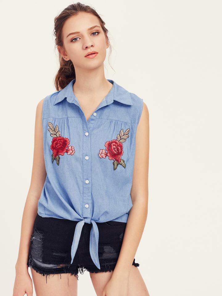 Shein Symmetric Rose Patch Tie Front Shirt
