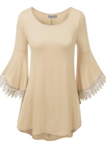 Rosewe Lace Splicing Flare Sleeve Round Neck Shift Dress