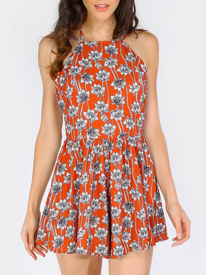 Shein Multicolor Cold Shoulder Flower Print Tie Jumpsuit