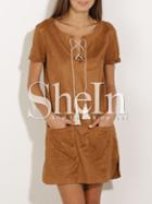 Shein Khaki Lace Up Neck Pockets Dress