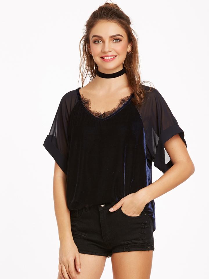 Shein Navy Sheer Raglan Sleeve Lace Trim Velvet Top