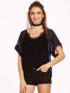 Shein Navy Sheer Raglan Sleeve Lace Trim Velvet Top