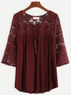 Shein Burgundy Tassel Lace Patchwork Blouse