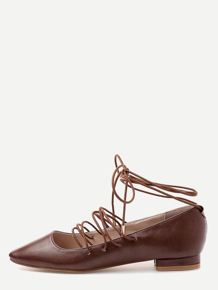 Shein Brown Faux Leather Square Toe Lace Up Flats
