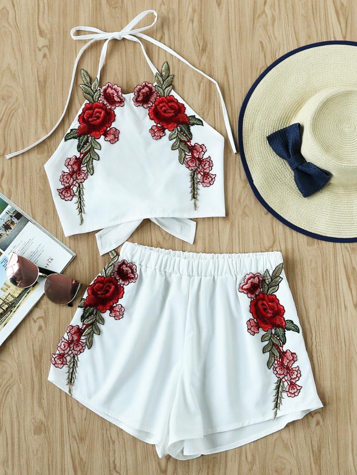 Shein Rose Applique Bow Tie Open Back Top And Shorts Set