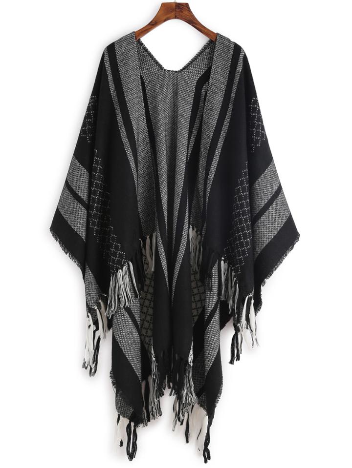 Shein Black Geometric Print Long Fringe Shawl Scarf