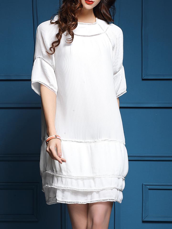 Shein White Pleated Mesh Layered Dress