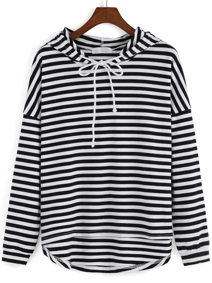 Shein Black White Hooded Striped Dip Hem Sweatshirt